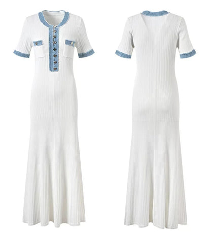 Elegant Denim Patchwork Knitted Long Dress
