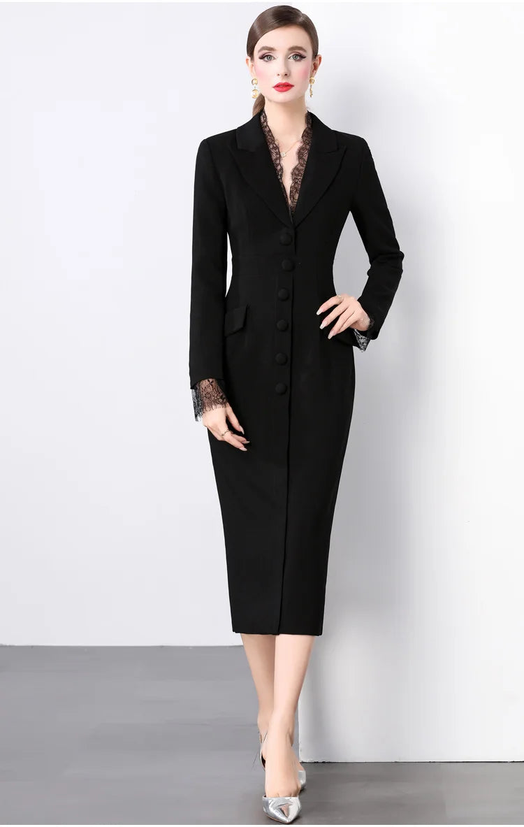 Blazer Dress Women Notched V-Neck Single-Breasted Long