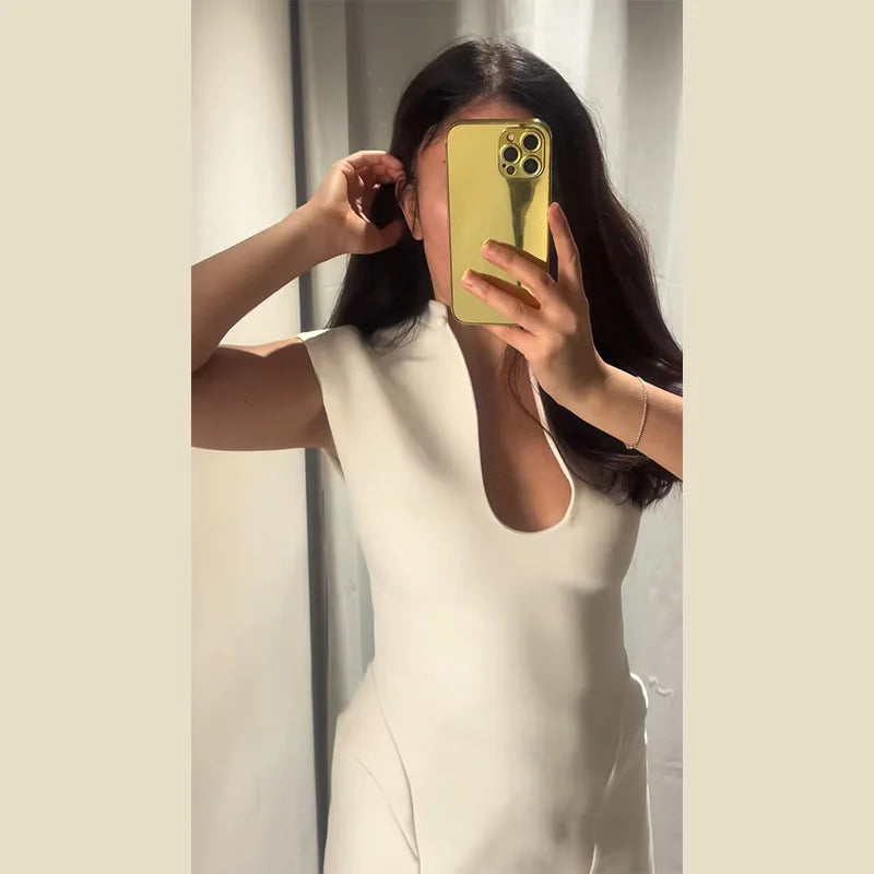 Elegant Slim Women's Dress Stand Collar Hollow Out Sleeveless Waist-Closed Lady Mini Dresses 2026 Spring Summer Female Robe