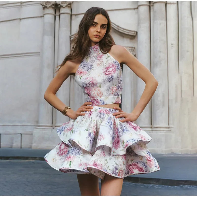 1 Sexy Print TOP & Ruffle Mini Skirt Set