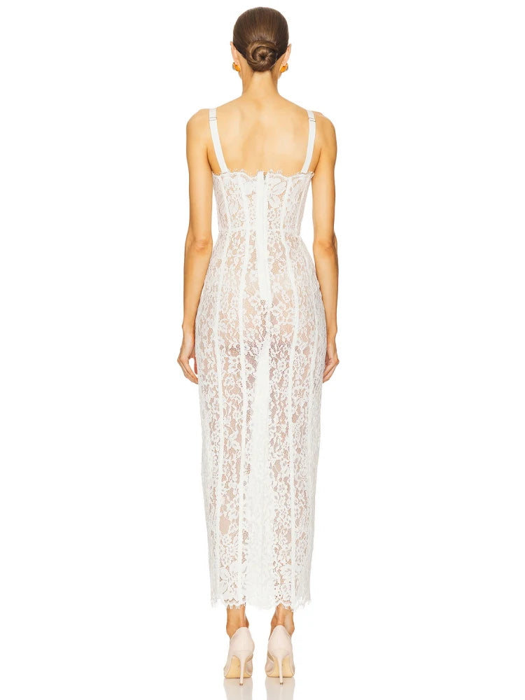 Sexy Spaghetti Strap V Neck Lace Long Dress Women Black Floral Lace Sleeveless Bodycon Dresses Elegant Evening Celebrity Party - Shellss