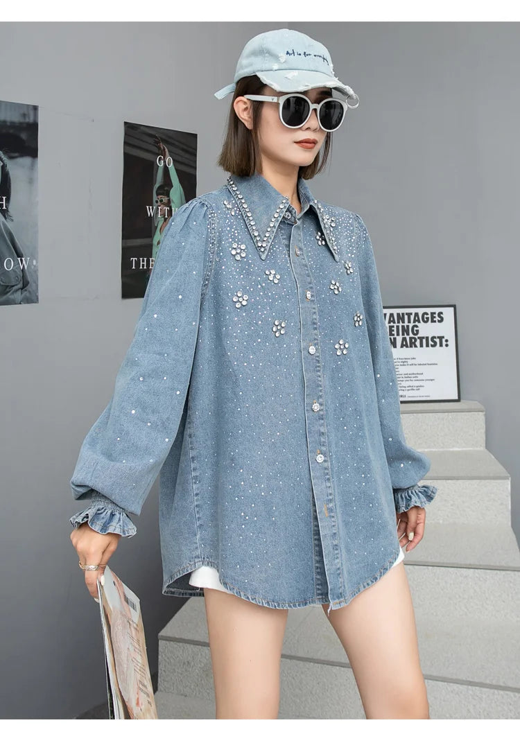 2025 Chic Diamonds Beaded Flowers Denim Blouses Rhinestones