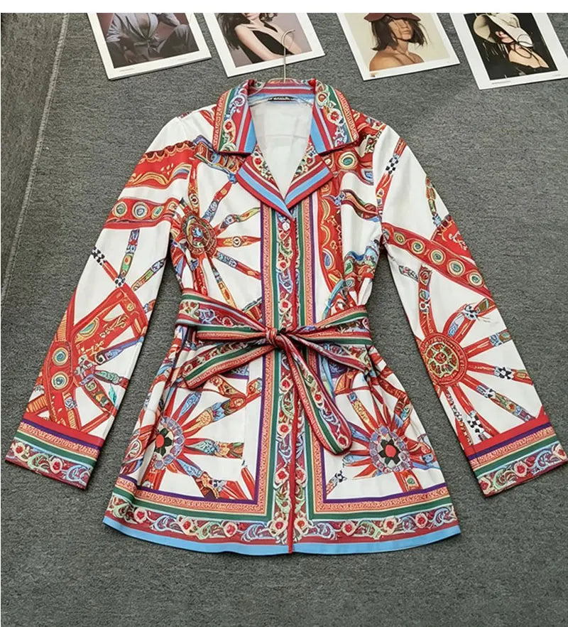 Autumn Fashion Printed Satin Two-Piece Pants Long-Sleeved Lace-Up Shirt Jacket Elastic Waist Wide-Leg Pants Home Wear Women's Su - Shellss