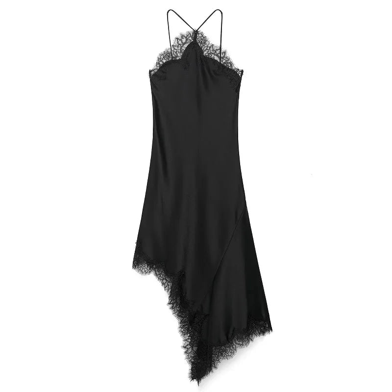 Black Lace Halter Satin Dress