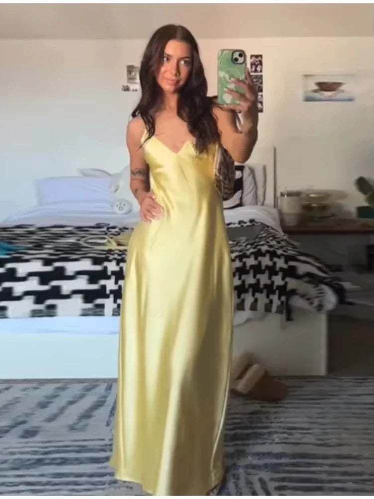 Yellow Pink Stain V Neck Sling Dress - Shellss