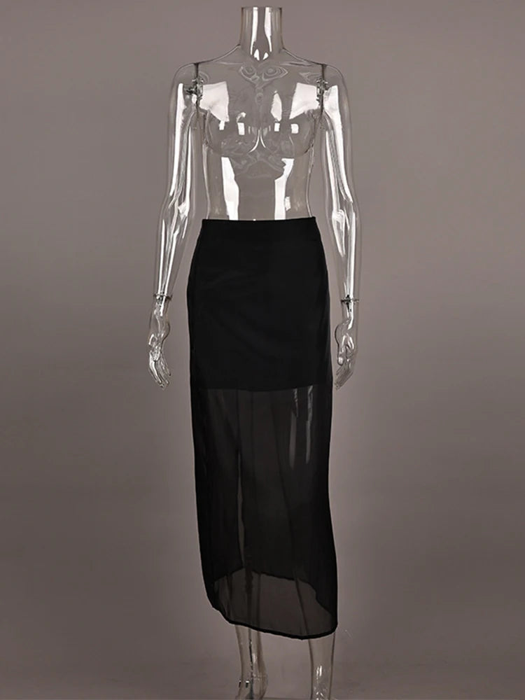 Trendix See Through Mesh Patchwork Skirts Women Fashion High Waist Casual Commuting Streetwear 2025 Vacation Party Elegant Skirt