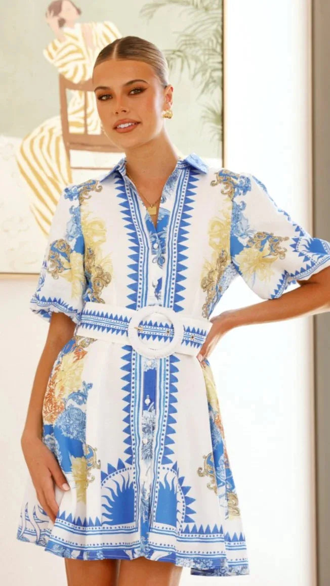 Elegant Printed Casual Dress with Waist Collar