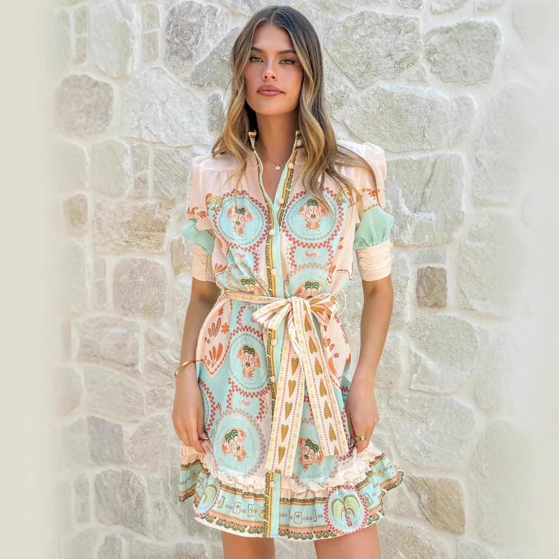 2026Linen floral print tie-neck short-sleeve dress for women