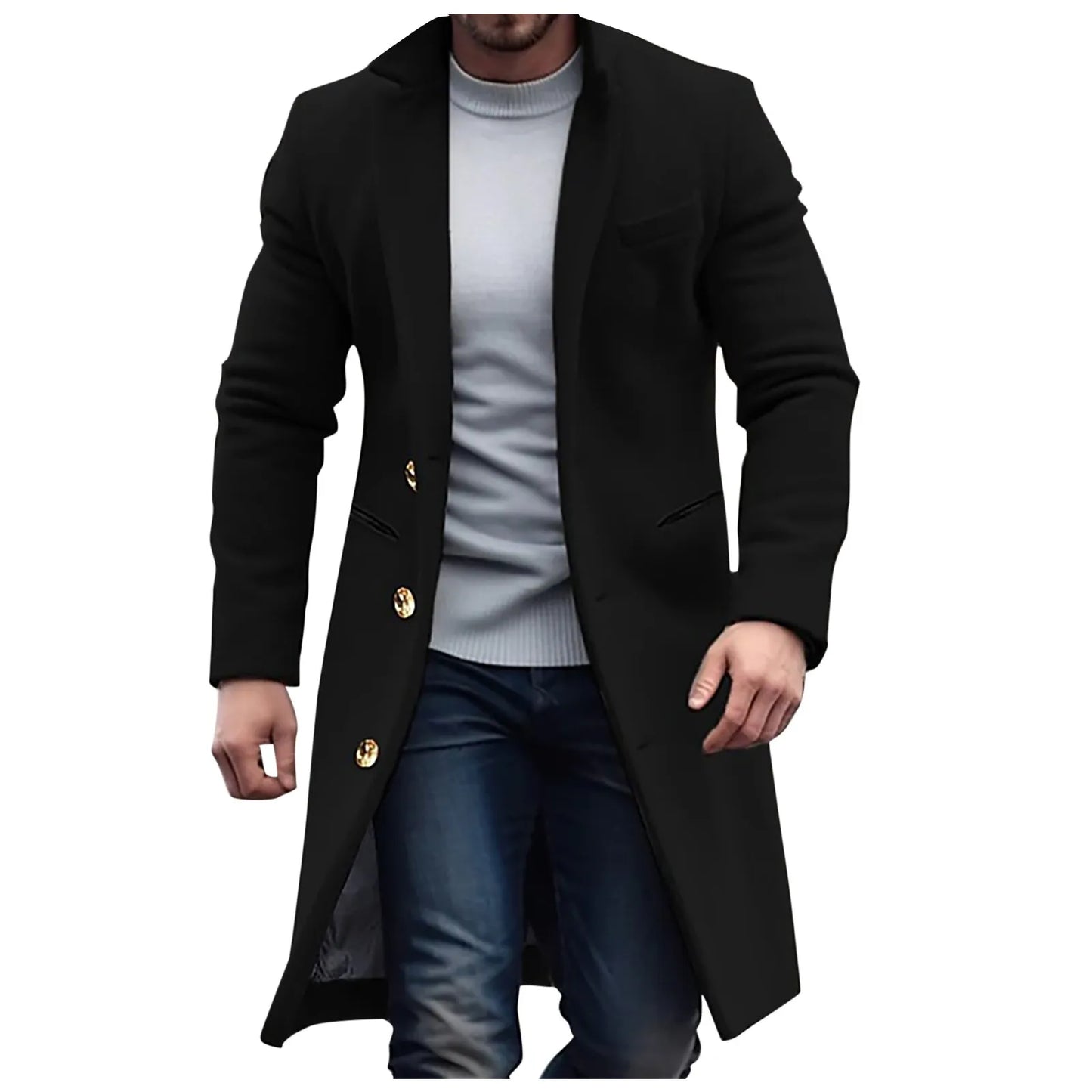 Mid Length Men Winter Windbreaker Jacket Solid Color Lapel Single Breasted