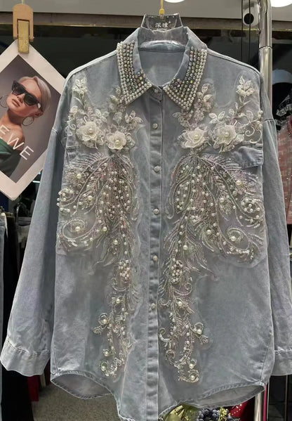 Diamonds Beaded Stitch Mid-length Denim Shirts