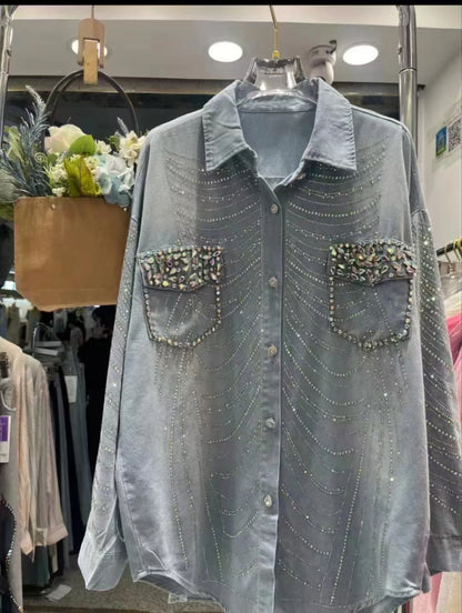 Sparkle Diamonds Loose Trend Casual Denim Shirts