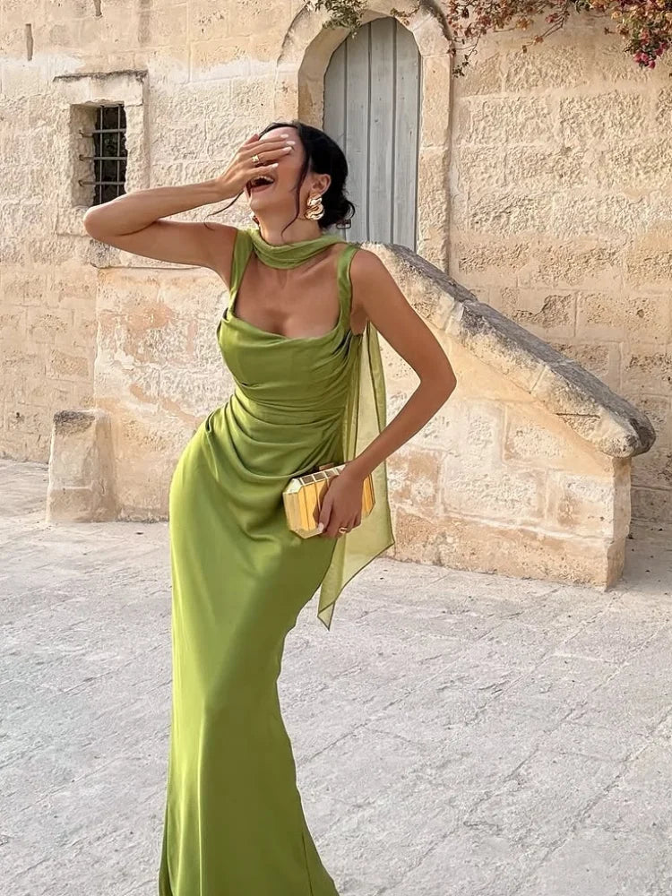 Sexy Solid Ribbon Evening Dress Fashion Sleeveless Square Collar Lace Up Backless Slim Maxi Dresses Lady Summer Dinner Party New - Shellss