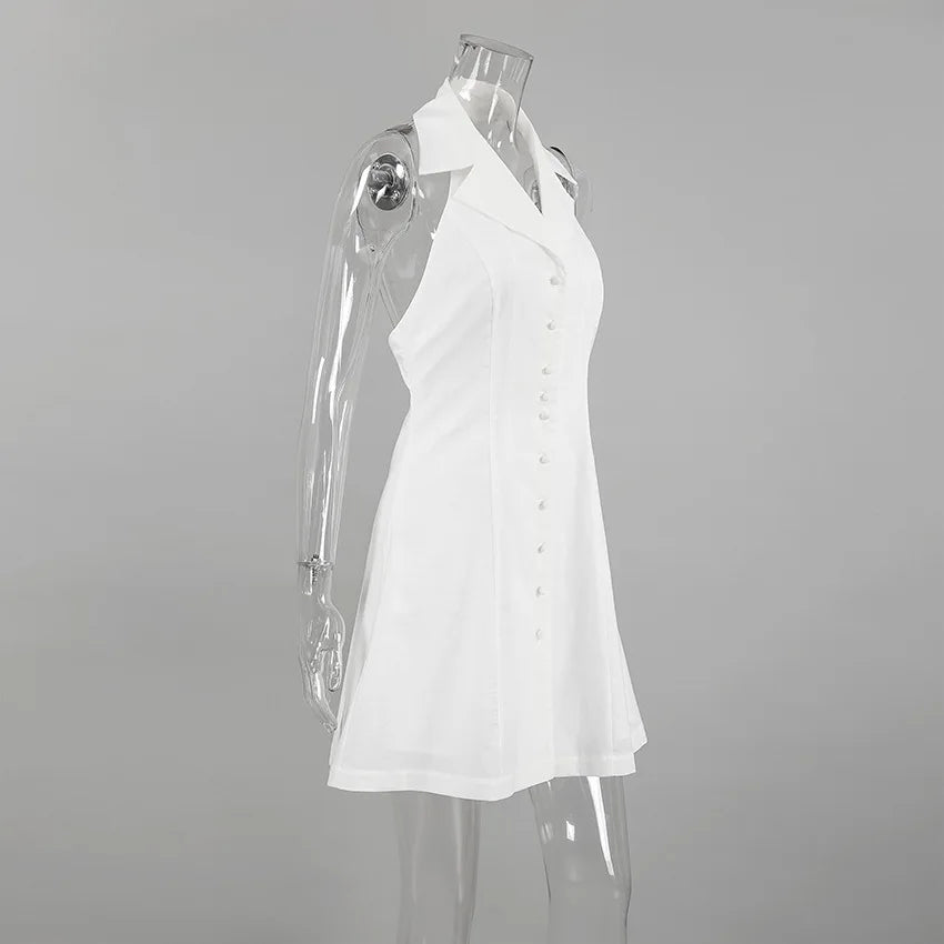 2026 Summer New White Halter Neck V Neck Sleeveless Backless Waist Cinching A Line Short Dress Multi Color Optional