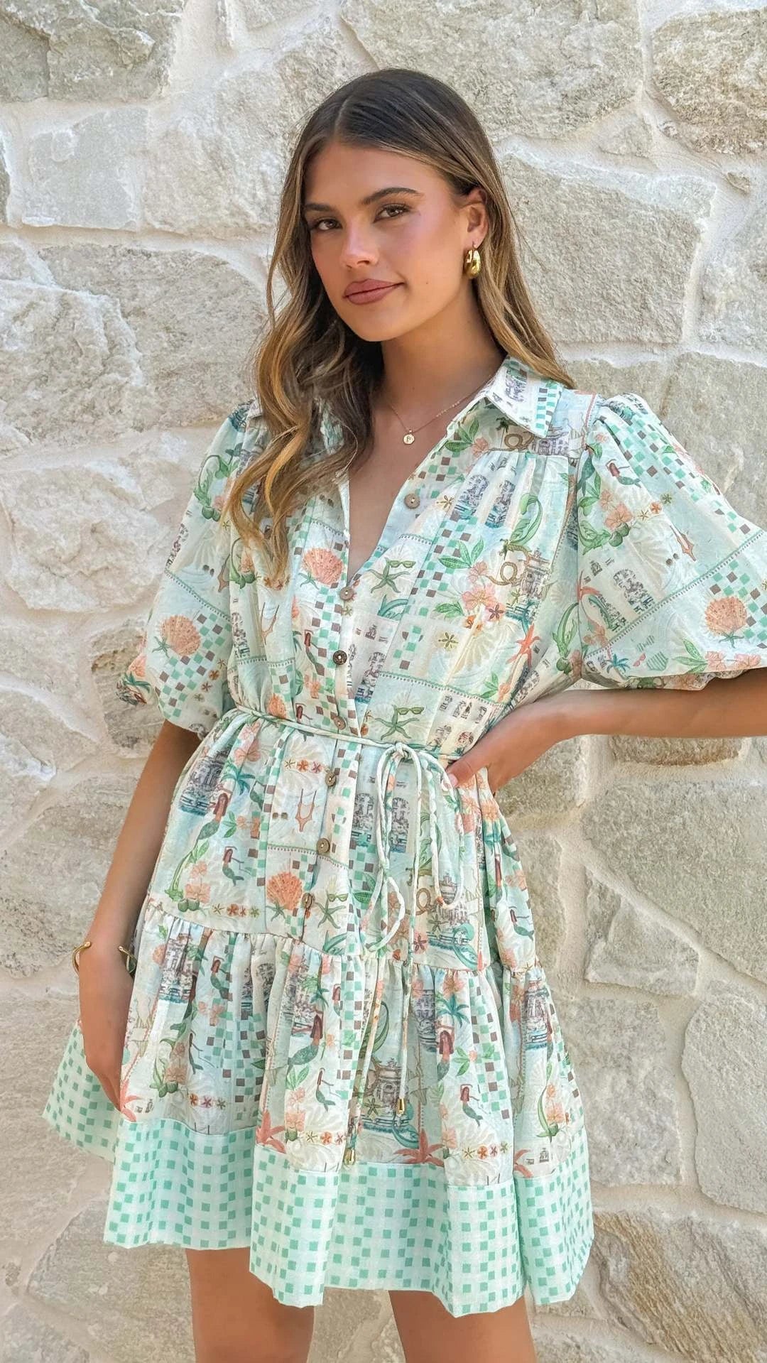 Casual Printed Lace up Dress High Waist Holiday Gown Elegant Waist Cinching Kaftan for Ladies Summer Season Button Closure - Shellss