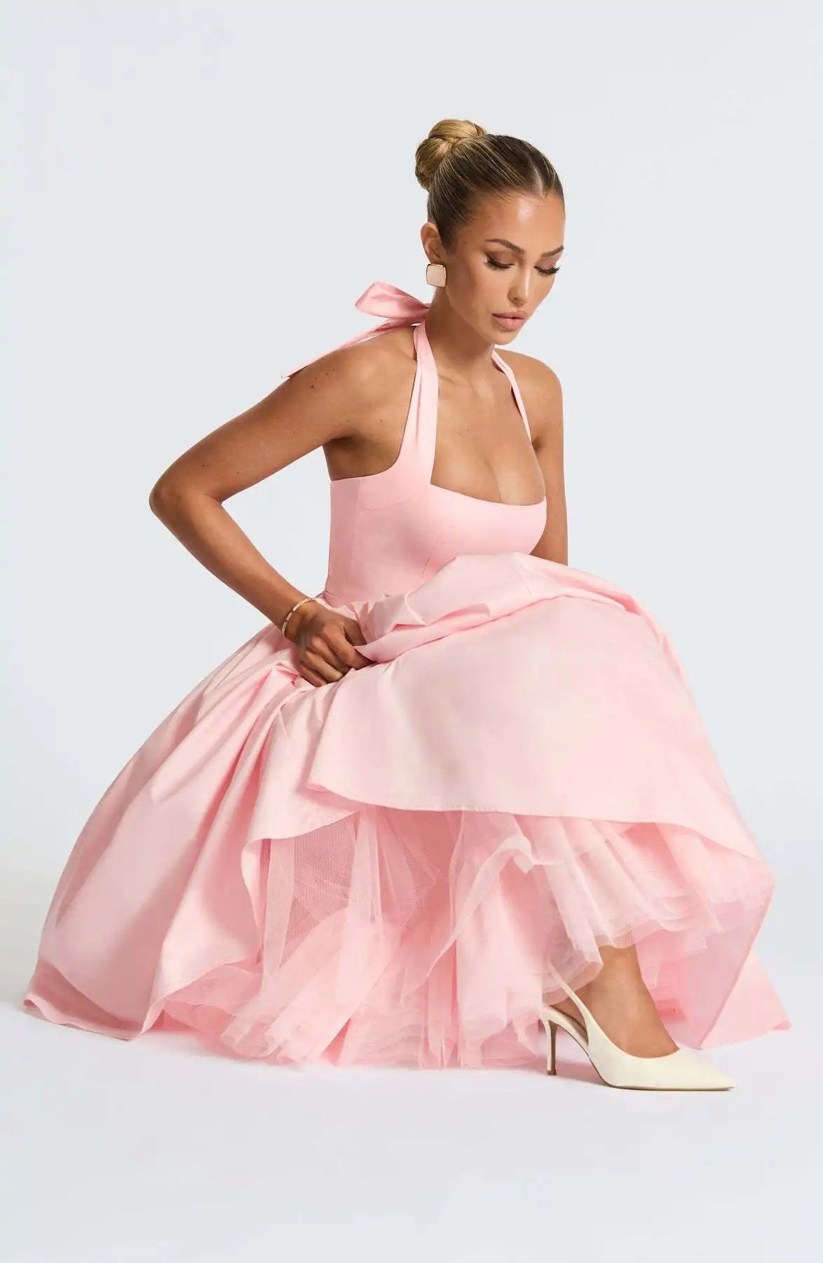 Luxurious Dress Vintage-Inspired Chic Puff-Sleeve Dress Lace-Up Pleated Tulle Dress Romantic-Elegant Evening Ruffle Gown - Shellss