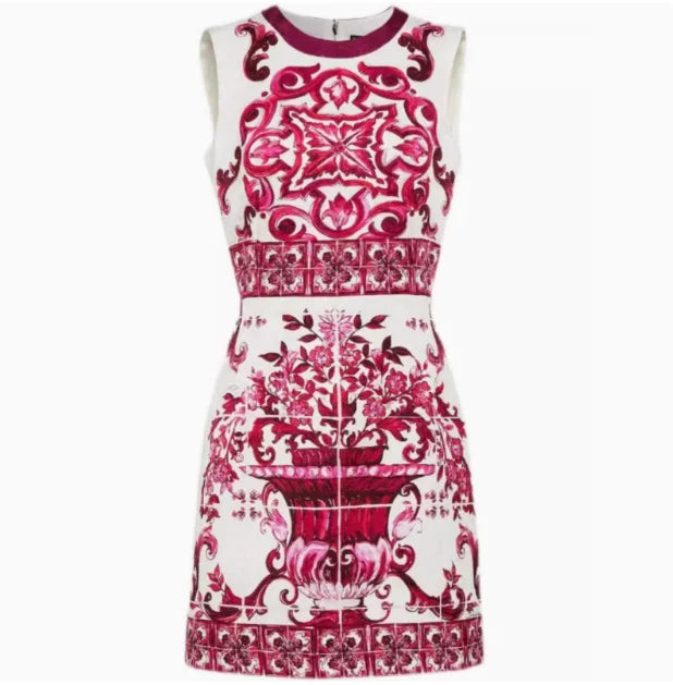 Street Style Floral Print  Dress Waist Cinched Sleeveless round Neck Vest Dress Yellow Porcelain Pattern Summer New Arrival - Shellss