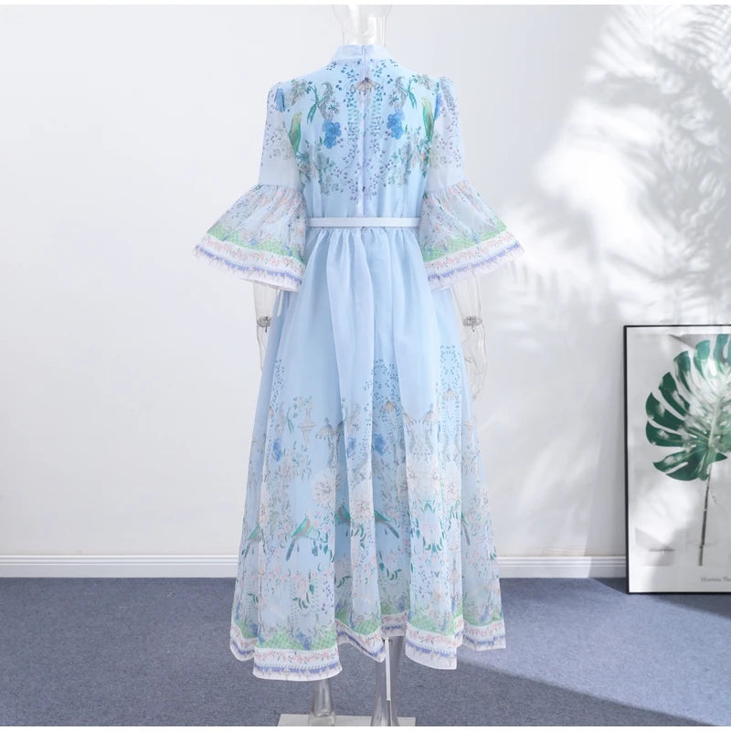 Floral Print Women Dress Button Down Mock Neck Maxi Dresses Long Lantern Sleeve A-Line Waist Belt Flared Hem Elegant Streetwear - Shellss