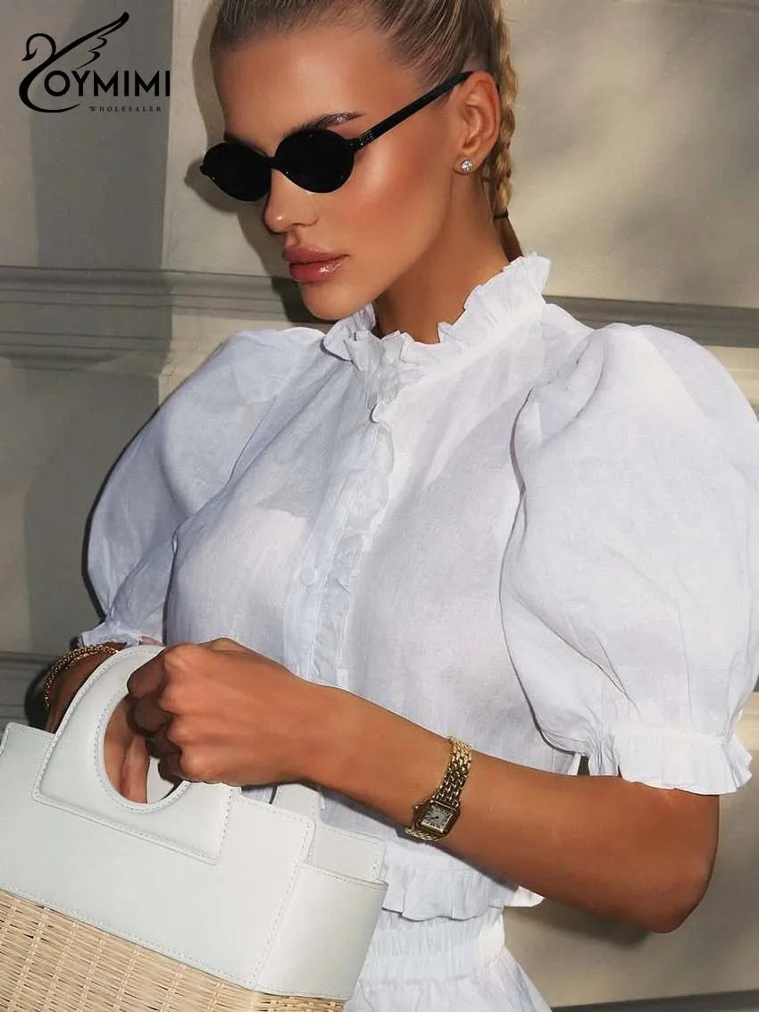 Oymimi Elegant White Cotton Two Piece Set Woman Fashion Ruffled Neck Puff Sleeve Button Crop Shirts And High Waisted Shorts Sets - Shellss