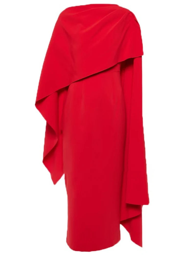 Elegant Red Dress Cape Sleeve Asymmetrical