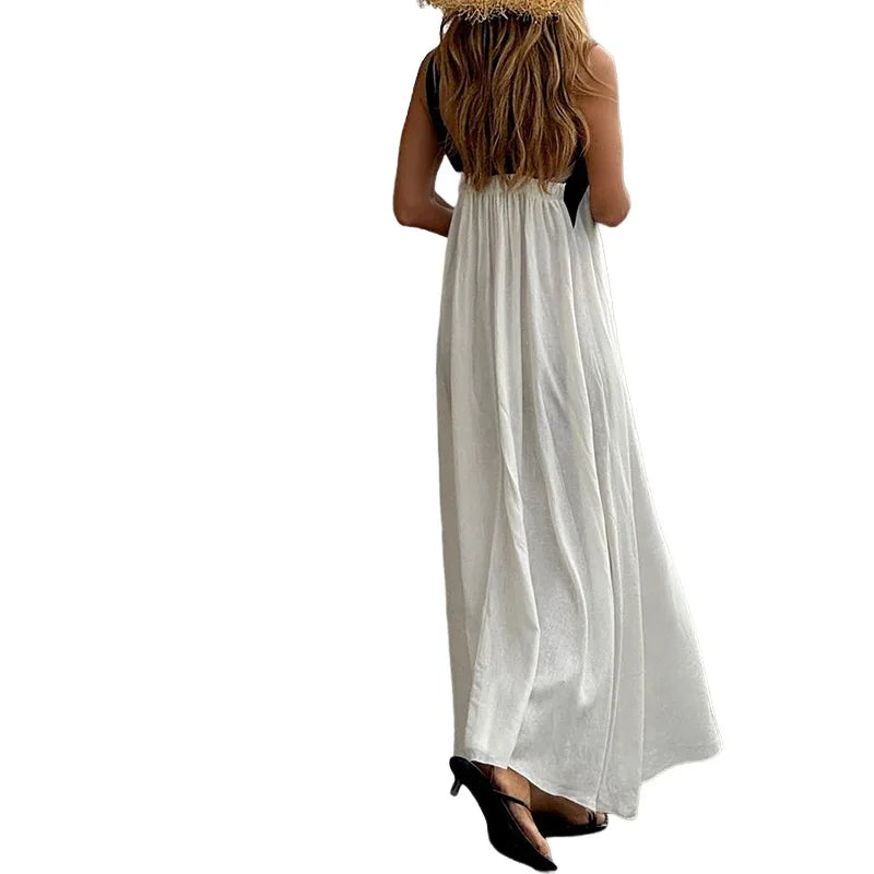 Sexy Halter Hollow Out Holiday Dress Summer Contrasting Color Loose Women's Dress Casual Elegant Party Beach Long Dress Vestidos