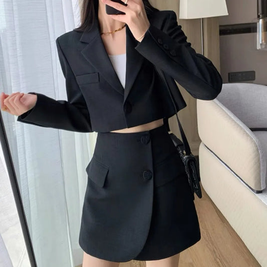 2 pieces 1 set Women One Button Short Blazer Cropped