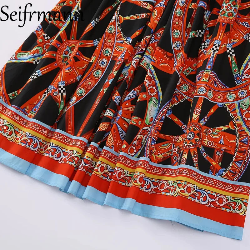 Seifrmann Casual printed cotton suspender dress square neck sleeveless waist long dress 026 autumn women's new style - Shellss