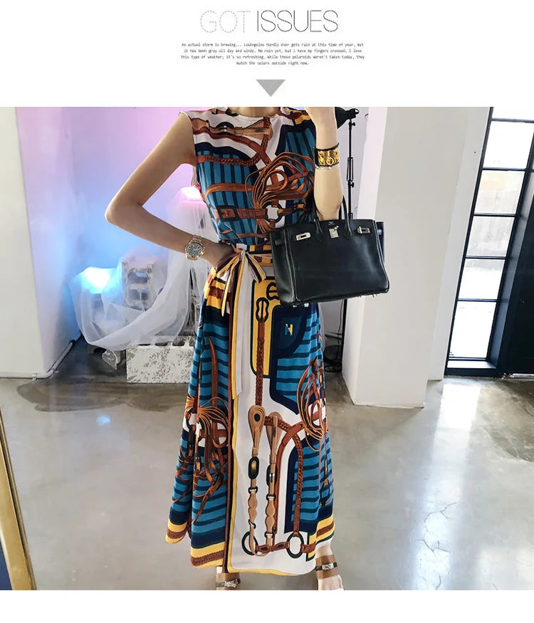 H Han Queen Hot Sales Korean Women's Summer Sexy Prints Work 2 Pieces Set Sleeveless Tops & A-Line Long Skirt Korean Skirt Suit
