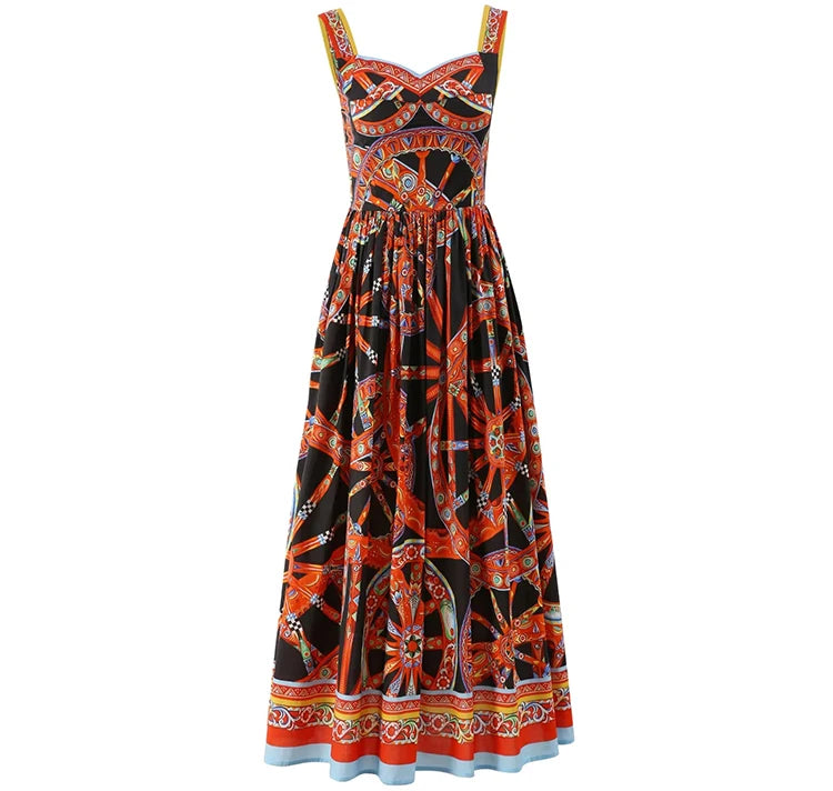 Seifrmann Casual printed cotton suspender dress square neck sleeveless waist long dress 026 autumn women's new style - Shellss