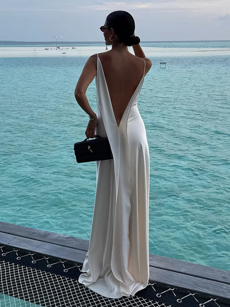 Sexy Women Dress Hollow Sleeveless Deep V Neck Big Backless Hip Package Long Dresses Elegant Summer New Beach Holiday Robes Lady