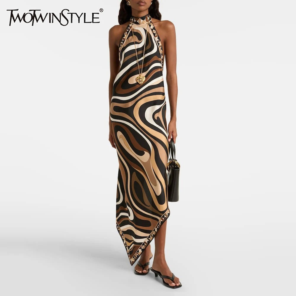 TWOTWINSTYLE Solid Loose Spliced Printing Chic Dresses for Women Halter Sleeveless Vintage Sexy Dress Female Summer Fashion New