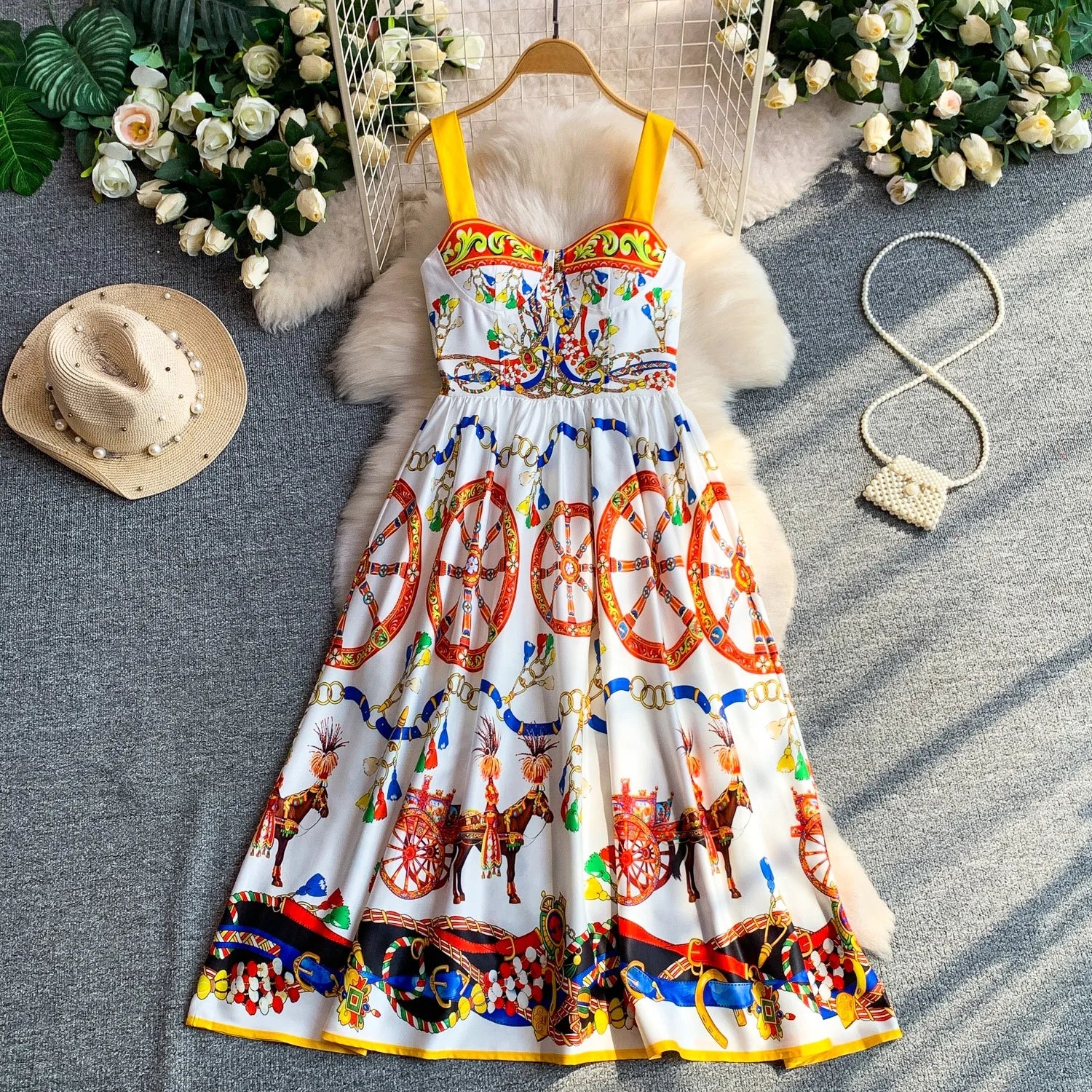 Retro Print Strapless Tube Dress Women's Summer Slimming A-Line Long Dress Court Style with Chest Pad Comfortable Breathable