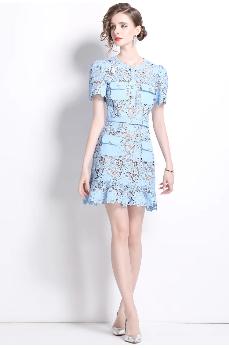 Summer Blue Floral Lace Mini dress