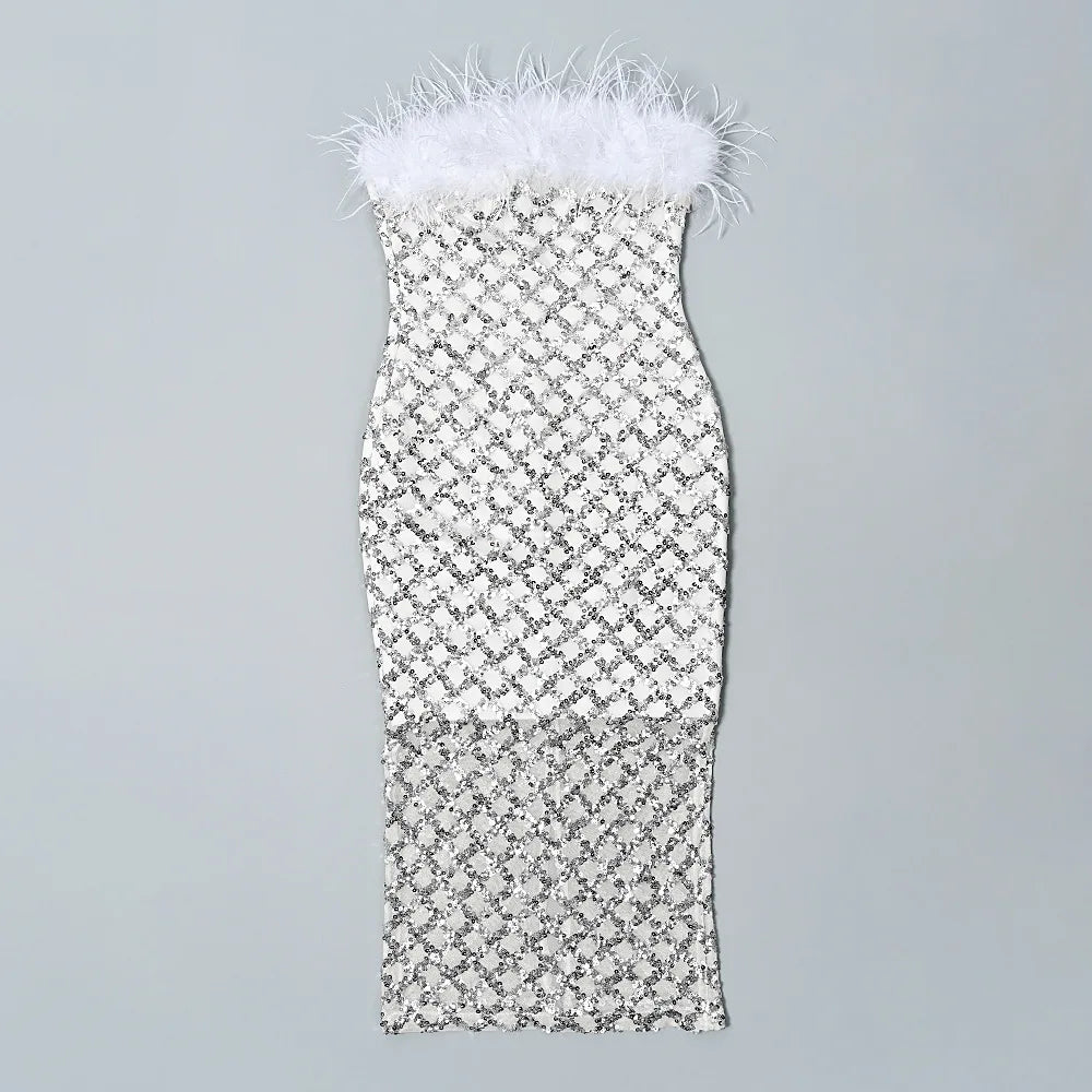 2026 Women Summer Celebrity New Strapless Feather Sequins White Midi Bodycon Dress Elegant Evening Club Party Dress