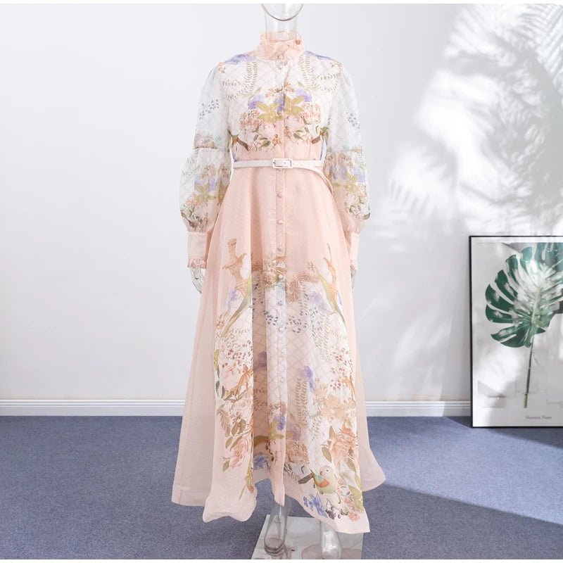 Floral Print Women Dress Button Down Mock Neck Maxi Dresses Long Lantern Sleeve A-Line Waist Belt Flared Hem Elegant Streetwear - Shellss