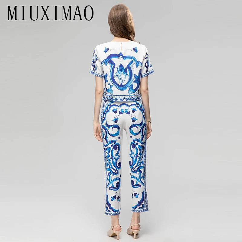 Sicily Set blue and white porcelain Print Top+ Pants Two-piece  Dolce