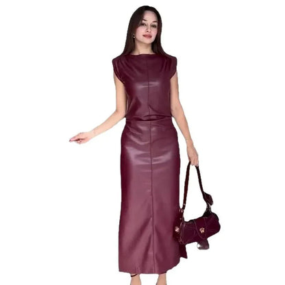Sweet And Spicy Style Long Sleeveless round Neck PU Leather Dress Women's Fashion Summer New Arrival Mini Maxi Skirt