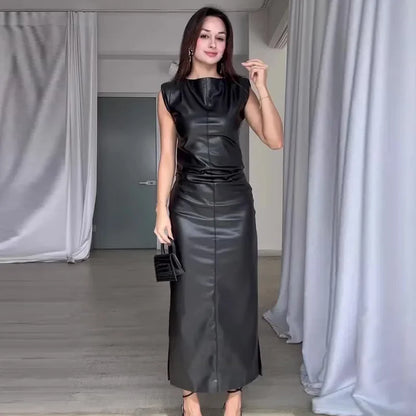 Sweet And Spicy Style Long Sleeveless round Neck PU Leather Dress Women's Fashion Summer New Arrival Mini Maxi Skirt