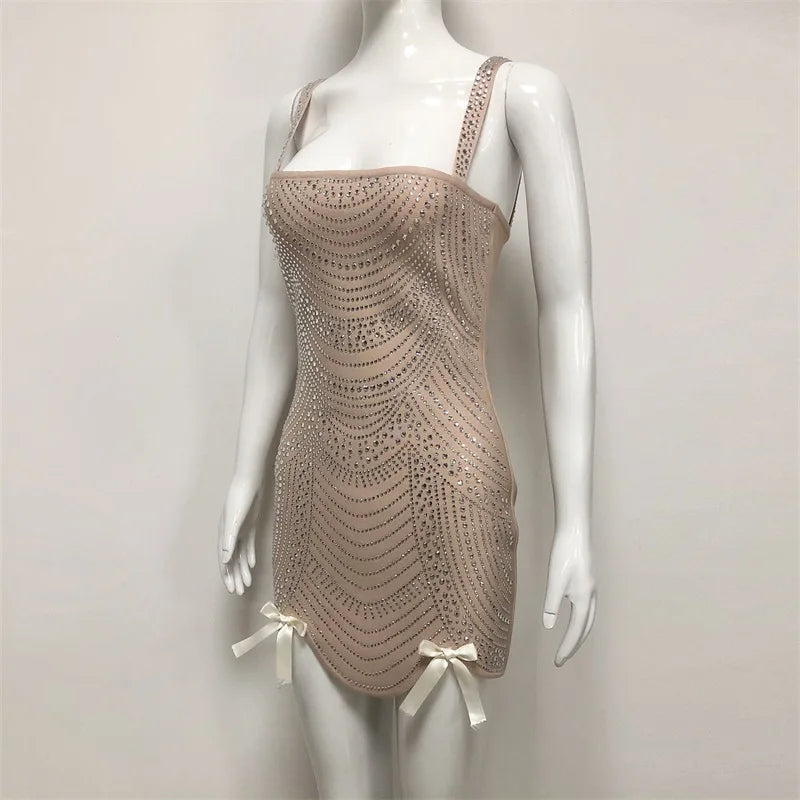 Glitter Crystals Bow Prom Dress Sexy Stripe Sleeveless Short Mini Party Gown Formal Wedding Guest Birthday Banquet Evening Robe