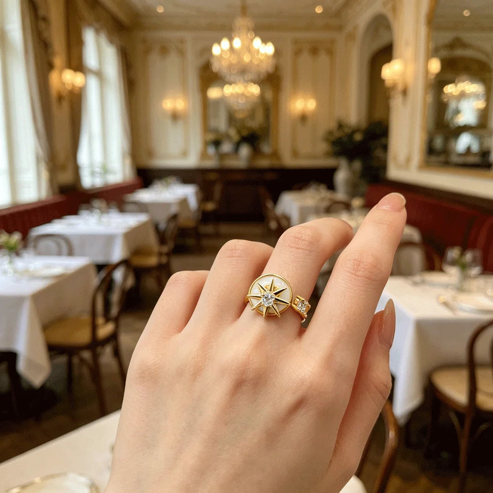 Two-Tone Gold Silver Tone Rotatable Starburst Enamel CZ Adjustable Ring Women Luxe Wedding Sparkling Elegant Daily Wear Jewelry