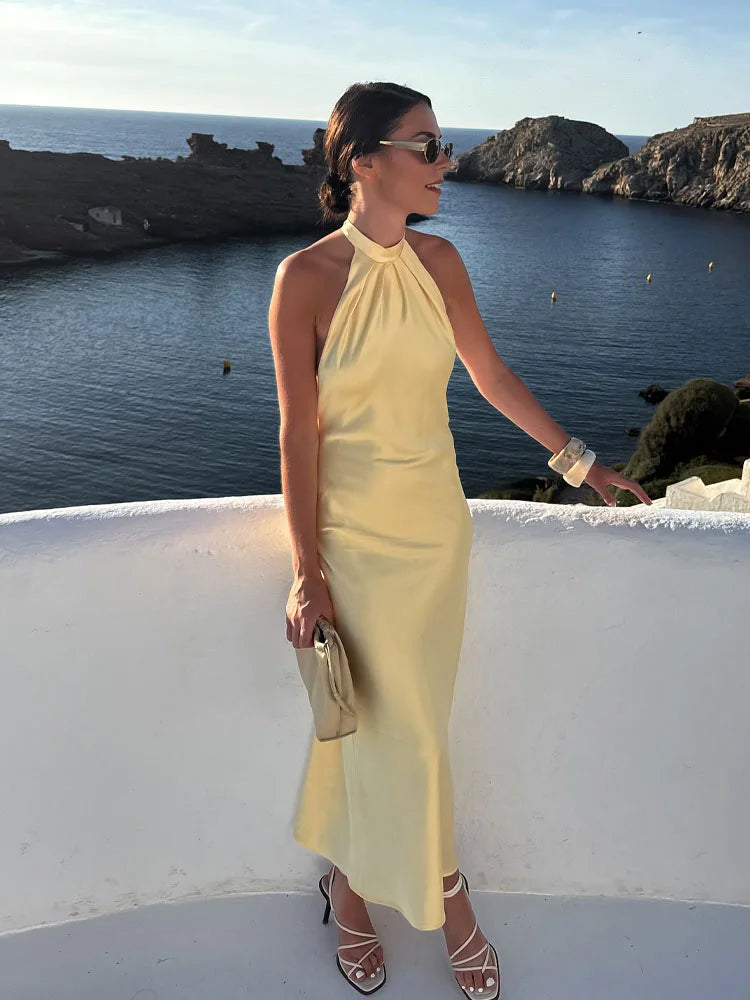 HH Women Summer Evening Dress Sleeveless Backlxaess Neck Halter Dress Female Fashion Slim Sexy Solid Chic Lining Dress Mujer - Shellss