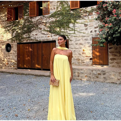 Yellow With Scarf Off Shoulder Backless