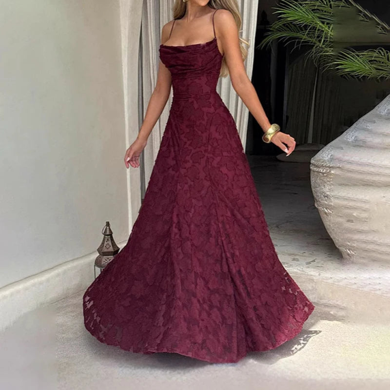 Women Fashion Jacquard Lace Solid Party Dress Elegant Backless Slim Sling Dress Sexy Off Shoulder Sleeveless Beach Long Dress - Shellss