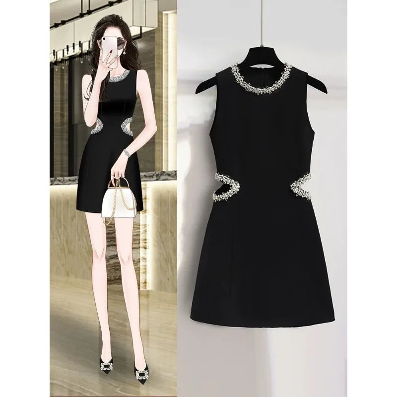French Waistless Cut-out Celebrity Dress Temperament  Sleeveless High-end Waist Small Black Skirt with A Hollow Waist New Style