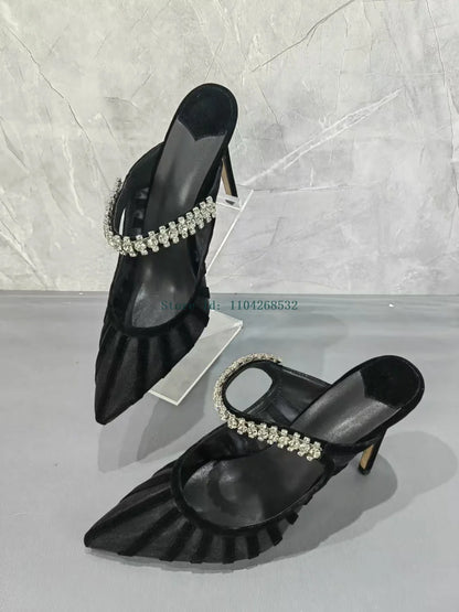 Black Crystal Rhinestone Slippers Sexy Pointed Toe Stiletto