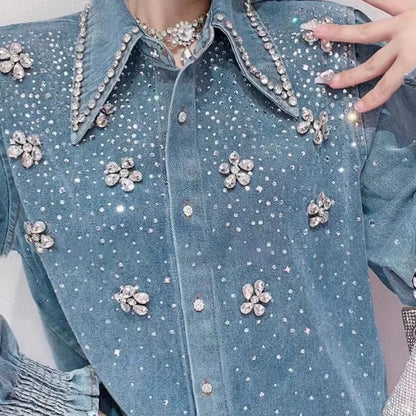 2025 Chic Diamonds Beaded Flowers Denim Blouses Rhinestones