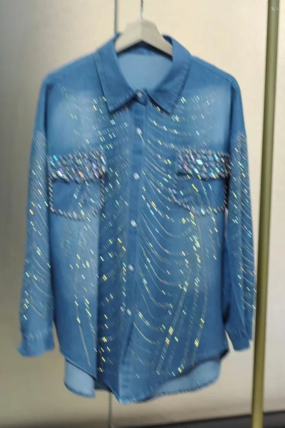 New In Autumn Sparkle Diamonds Mid-length Denim Shirts & Blouses For Women's Fashion Trend 2024   Tops Blusas Woman Clothes