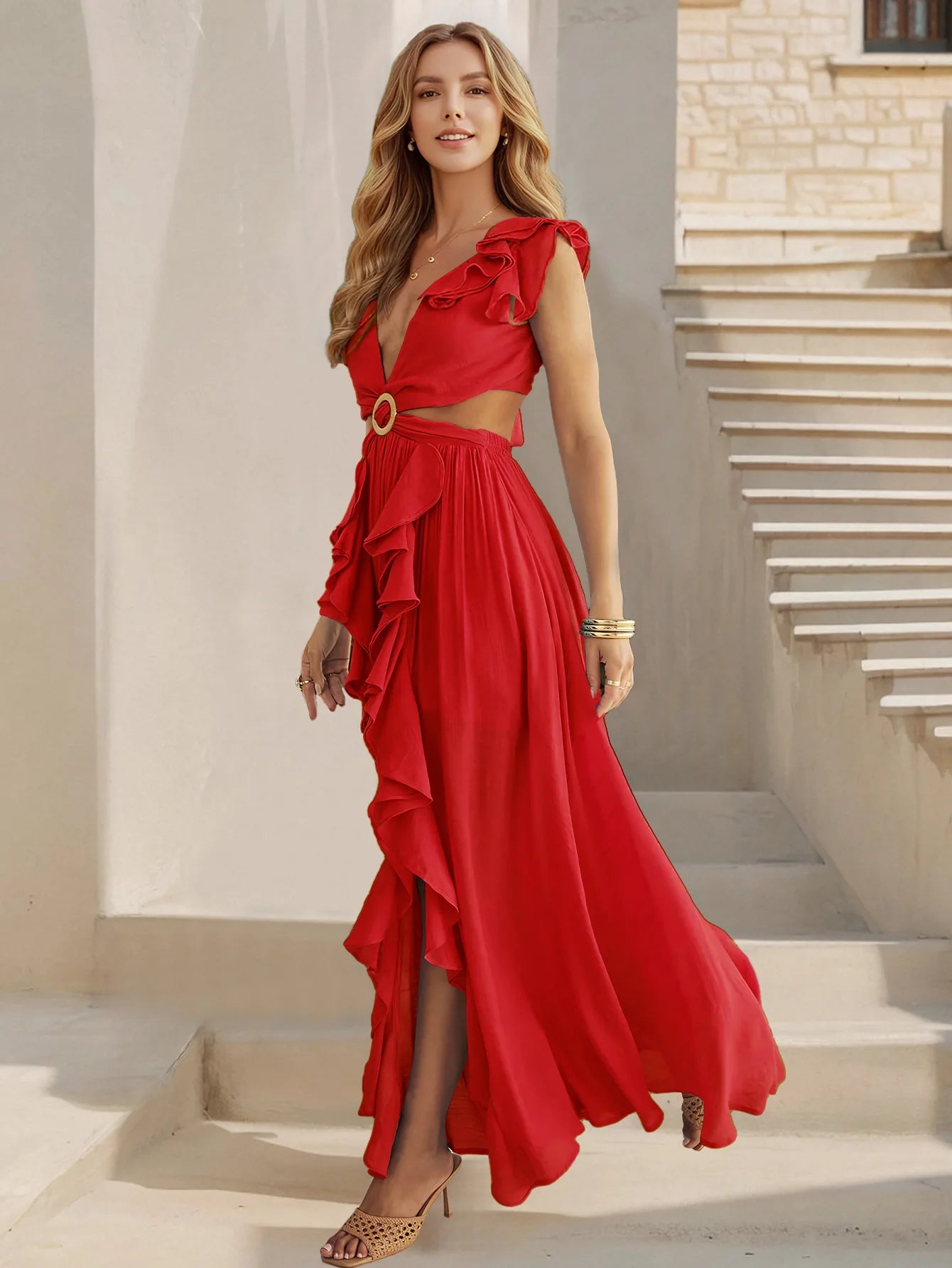 Slim Fit Backless V Neck Bohemian Dress