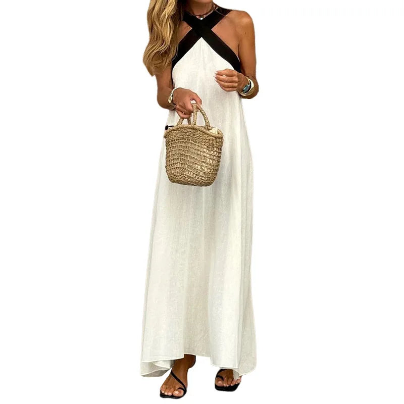 Sexy Halter Hollow Out Holiday Dress Summer Contrasting Color Loose Women's Dress Casual Elegant Party Beach Long Dress Vestidos