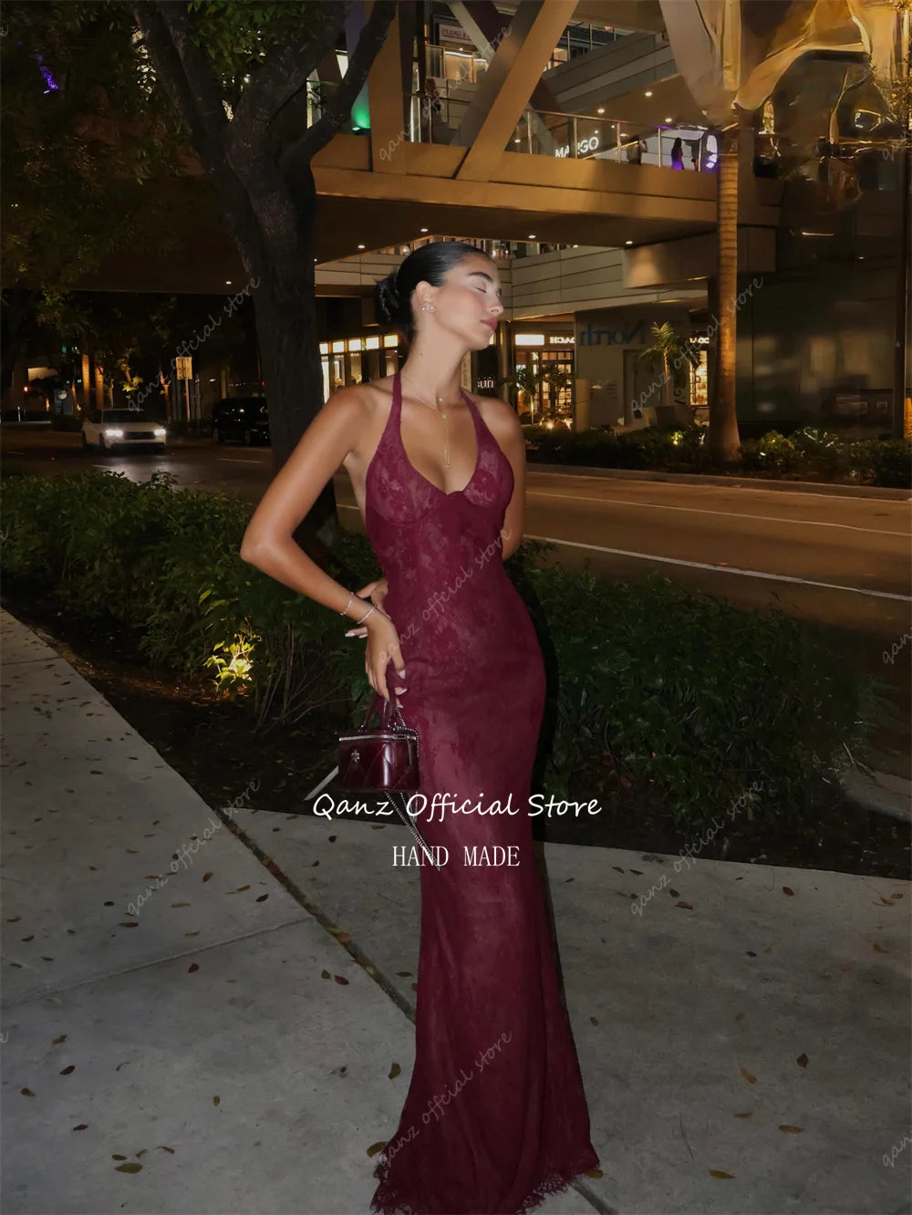 Qanz Modern Lace Appliques Evening Dresses Mermaid Burgundy Wedding Guest Dress Backless Vestidos Feminino Elegante Customized