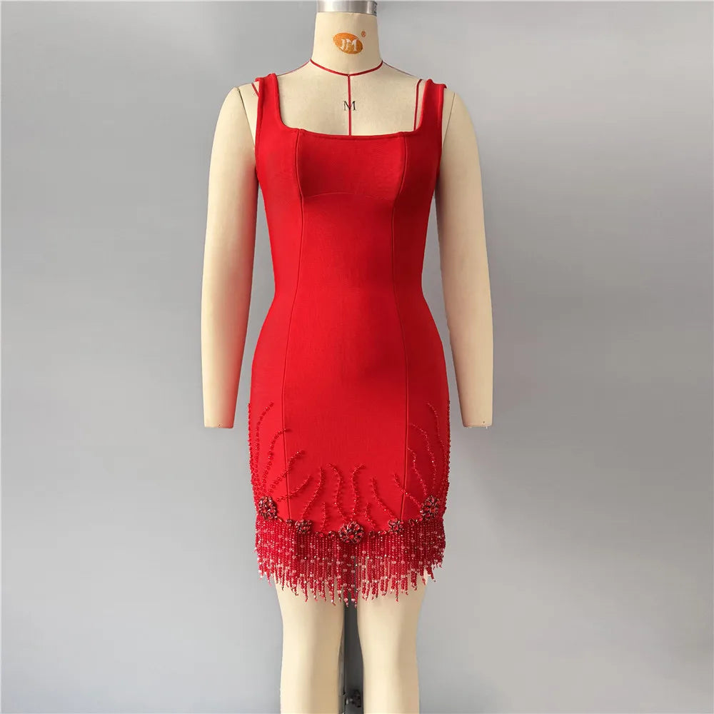 New sexy sleeveless diamond studded mid length dress, beaded tassel bandage dress, dance party dinner dress, short mini skirt